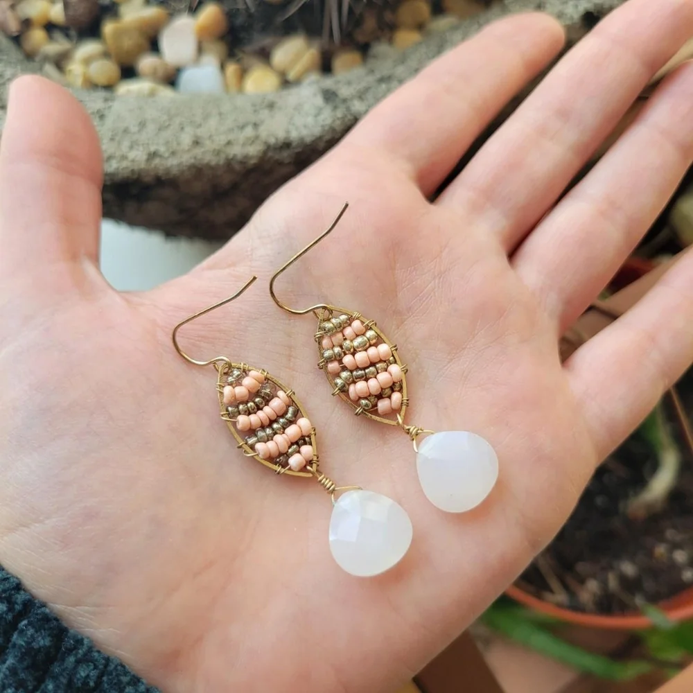 Handmade Pink & White Beaded Dangle Drop Hook Earrings